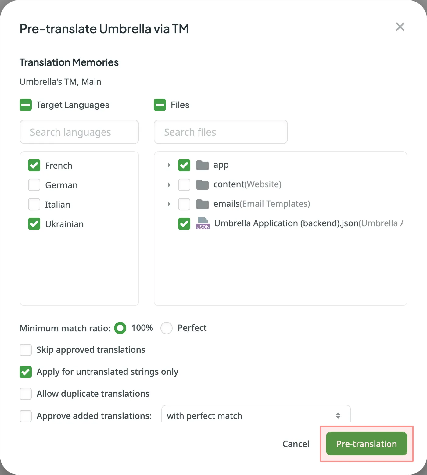 Pre-translation via TM